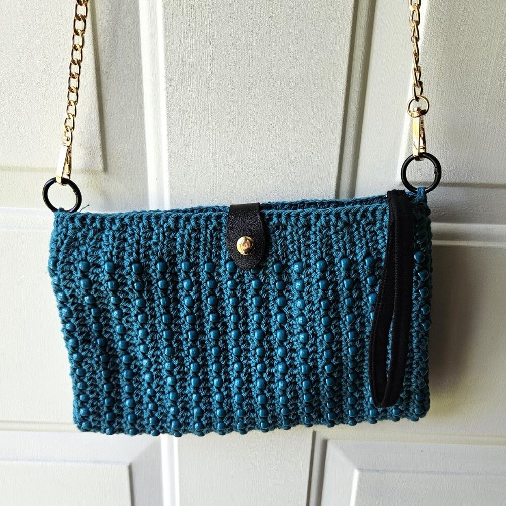 Crochet Beaded Teal Clutch/Crossbody/Wristlet Bag
